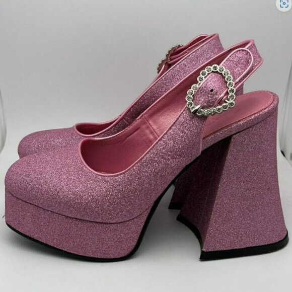 Sugar Thrillz Paradise Heart Pink Glitter Platform Heels with Heart clasp Size 7 - Picture 3 of 11